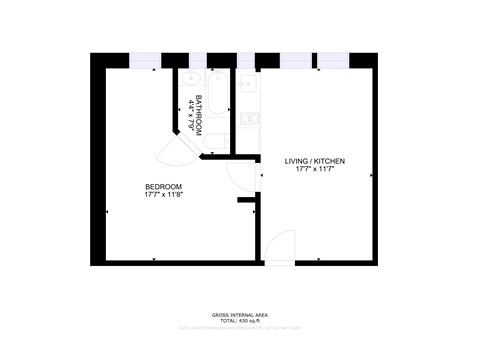 Floor plan for 1 bed, 1 bath, 432 sqft
